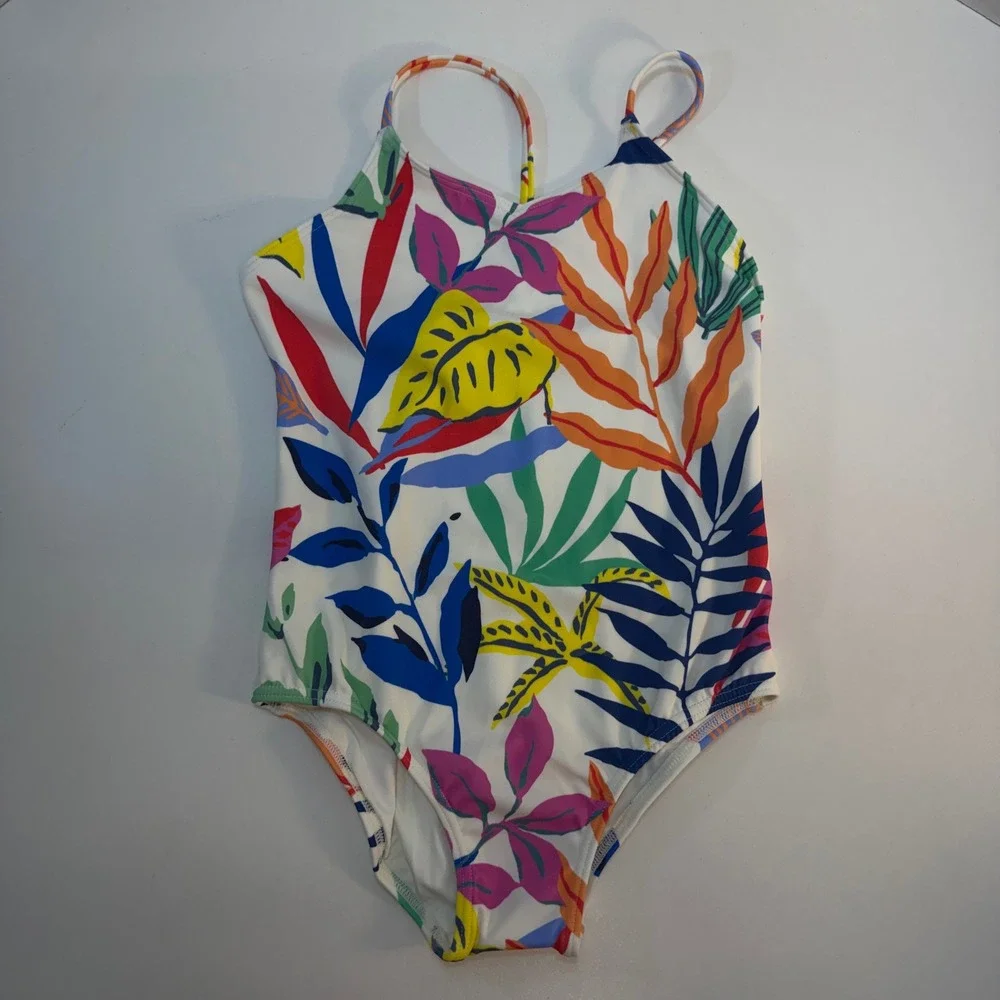 Quince One Piece Swimsuit Girls Size 6 White Tropical Palms Floral Leaf NEW
